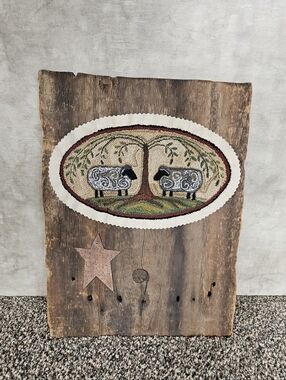 Handmade Two Sheep Tree Oval Needlepunch Tapestry Wall Decor
